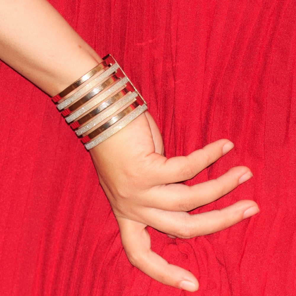 Gold Striped Sparkling Wrist Cuff Bracelet